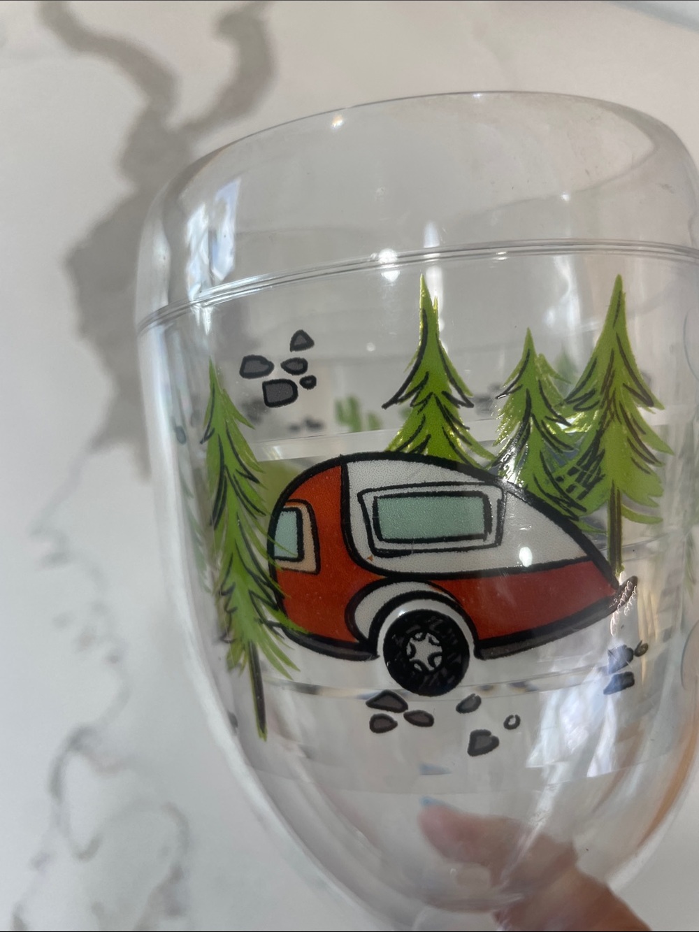 tervis Red Camper Wine Glass with Green Tree Design